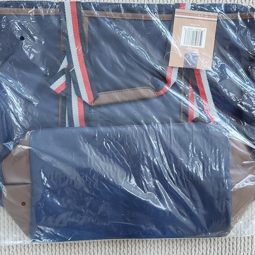 Navy and Brown Tote Bag, 19"x16"x 8", New - Picture 4 of 6